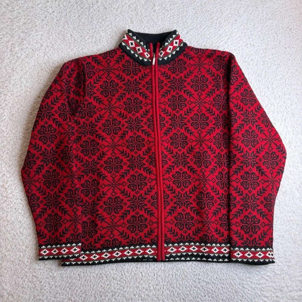 LL Bean Womens Large Red Black Nordic Fair Isle Cotton Full Zip Cardigan Sweater